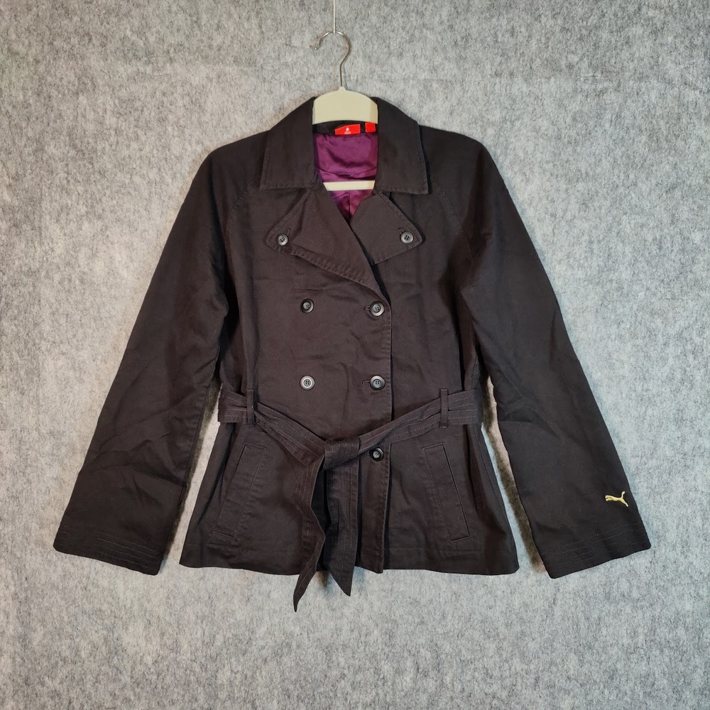Puma Y2K Black Classic Double Breasted Cotton Preppy Office Trench Lined Jacket